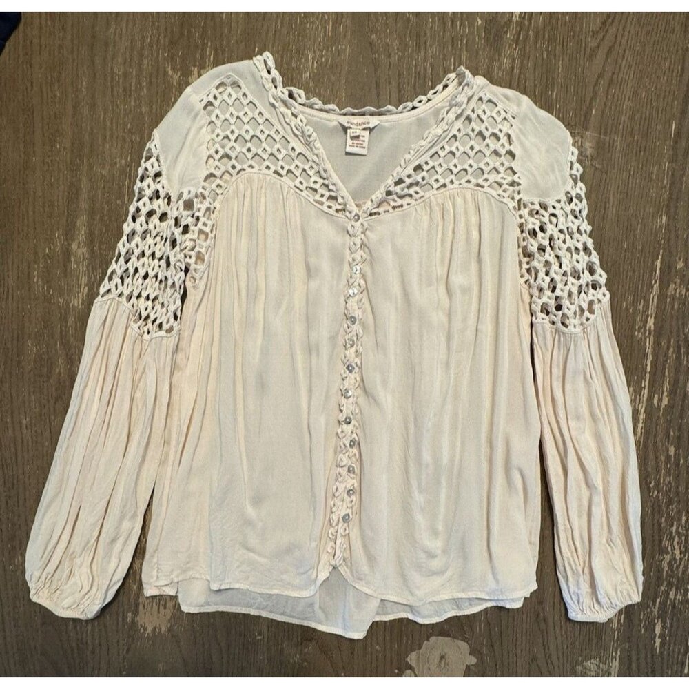 Sundance Cream Blush Long Balloon Sleeve Crochet Button Up Top XS